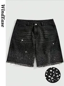 Vintage Washed Gradient Starry Rhinestone Shorts, Unisex Loose-Fit Denim Shorts, Casual Summer Fashion, Trendy Streetwear