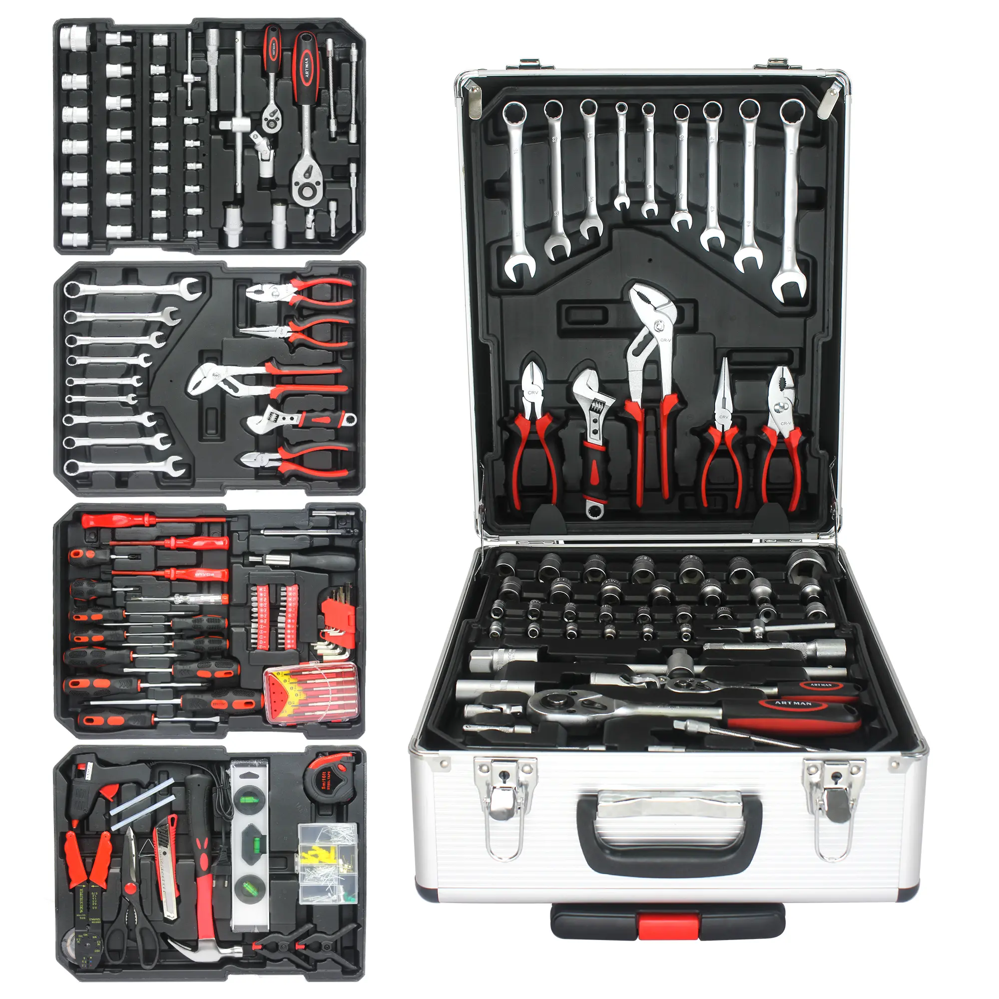 ARCH 899-Piece Home Repair Tool Set Kit with Rolling Tool Box, 4-Drawer Storage Case, General Household Hand Tool Kit for Maintenance, Garden, Homeowner, Handyman, DIY, Silver Plastic Toolbox with Wheels and Lock, Silver Color Options