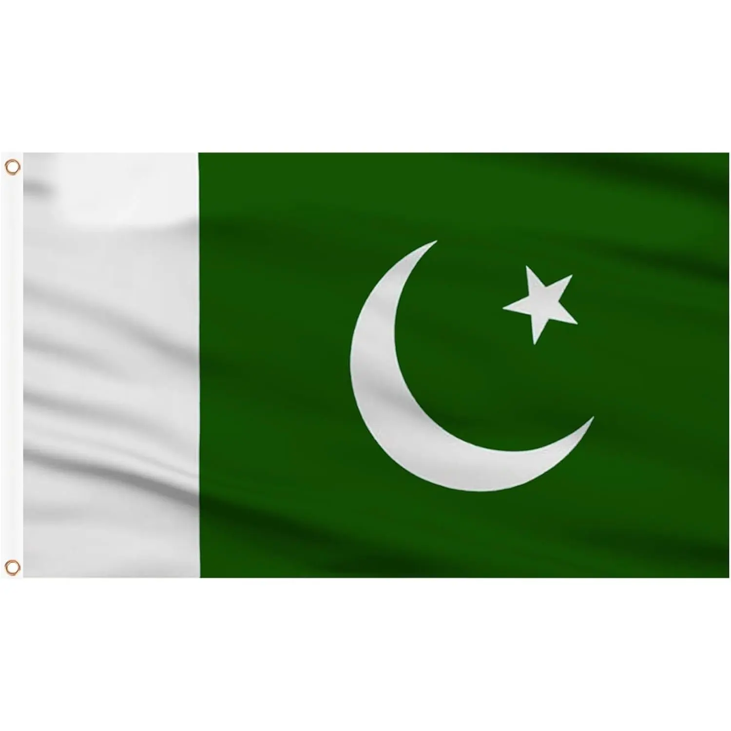 Pakistan National Flag White Vertical Strip Left Solid Dark Green Field White Crescent Five Pointed Star South Asian Islamic Patriotic Festival Flag