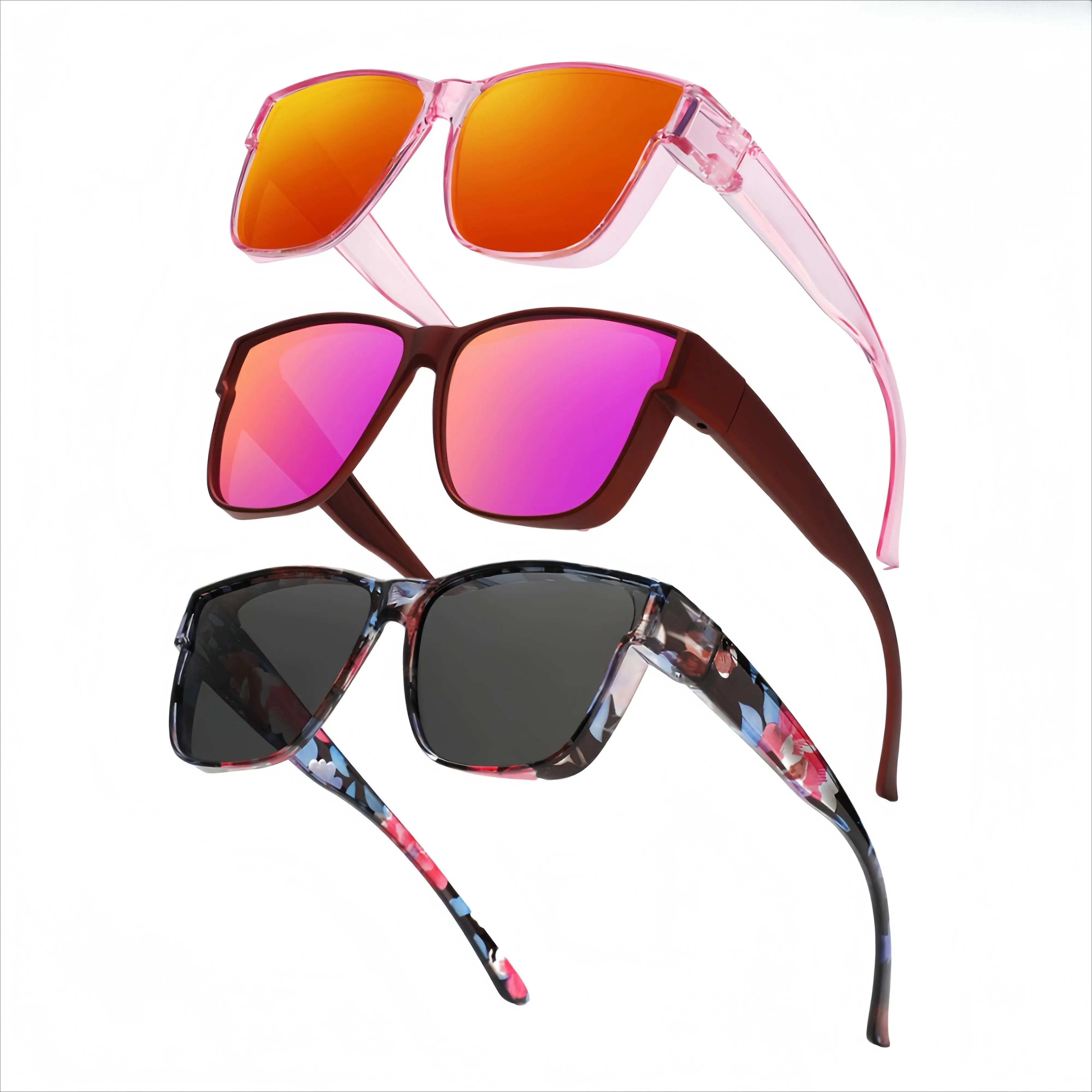 3-Pack Dual-Use Fit Over Sunglasses with Flip-Up Lens, Nylon Frames in a Floral Mix & Mirrored Finish, UV400 Guard for Outdoor Driving, 3-Pieces, Outdoor Drive, Beach, 3Pcs-1