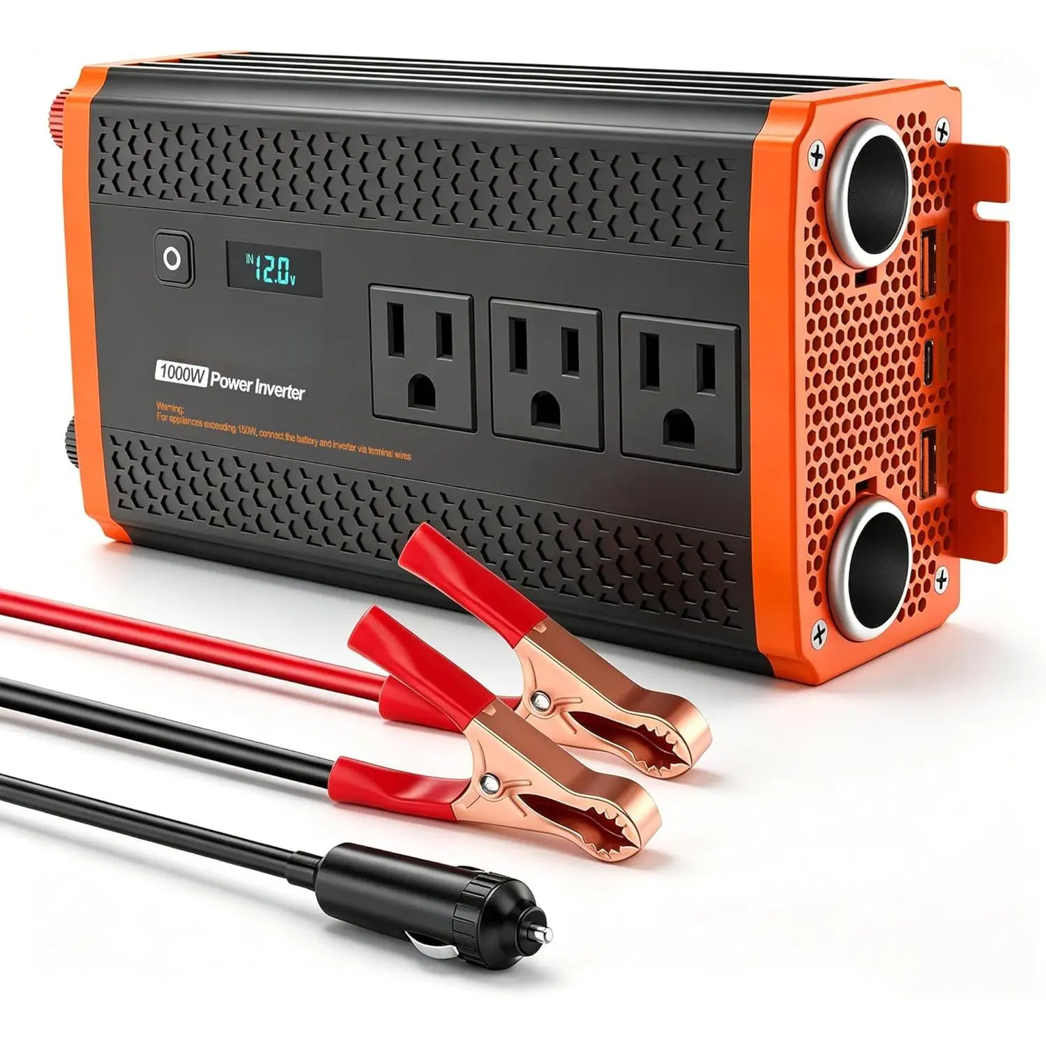 1000W Vehicle Power Inverter (1000w model) - 12V to 110V/120V Car Accessory with Multiple Ports: 2 Cigarette Lighter Outlets, 3 AC Outputs, 2 24W USBs, 30W PD Type-C, Flameproof Enclosure, LED Display, Ca