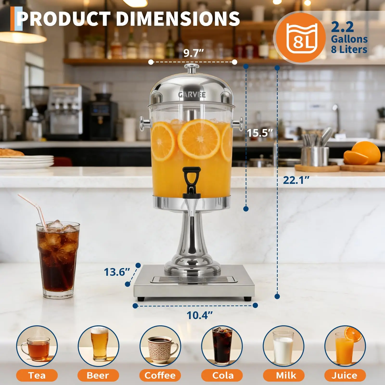 Garvee Commercial Stainless Steel Beverage Dispenser with Stand & Ice Core Insert, 2.2/4.4/6.6 Gallon, No-Sweat Body, Drip-Free Spigot & Drip Tray for Juice/Iced Tea/Lemonade