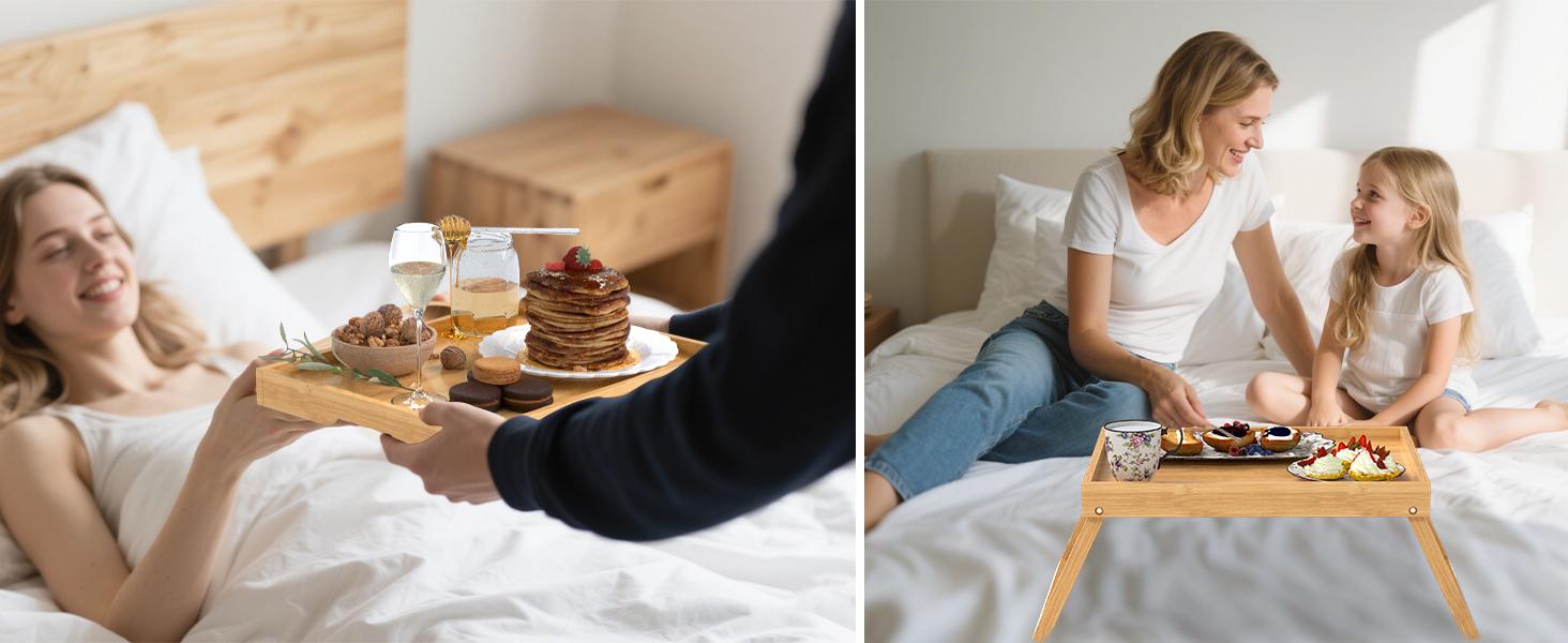 Bamboo Bed Tray Table with Foldable Legs, Breakfast in Bed Tray for Eating, Kitchen Serving Trays, Folding Table for Sofa, Beds, Eating, Working, Used As Laptop Desk Snack Trays, Brown