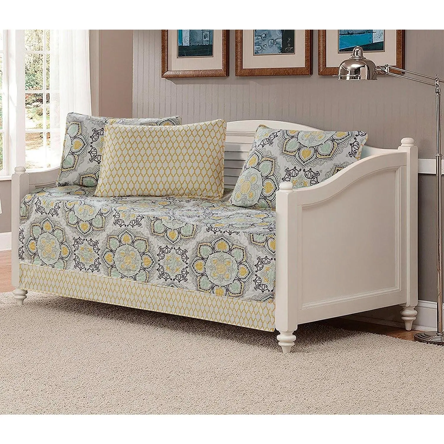 5pc Daybed Cover Set Quilted Bedspread New (Floral Yellow)