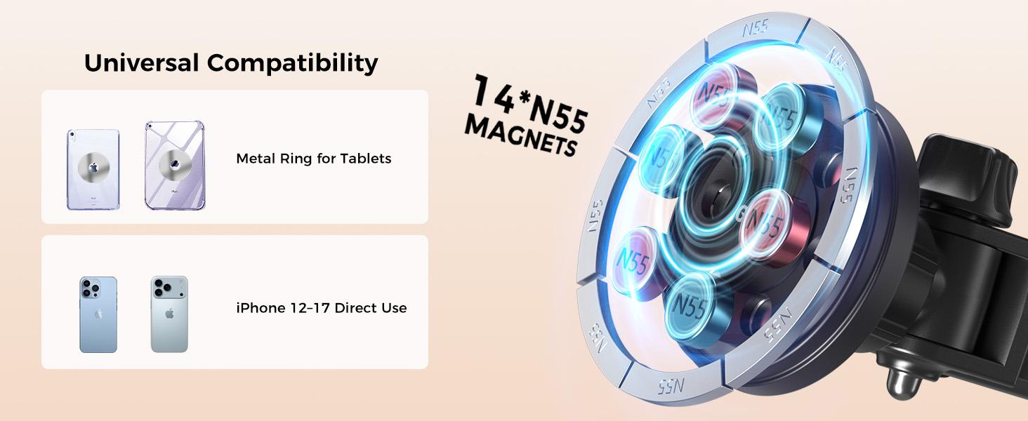 OHLPRO Magnetic Tablet Holder for Car Dashboard & Windshield, Adjustable Suction Cup Mount with Extendable Arm, 360 °     Rotation, Washable Base, Compatible with iPad, for Magsafe iPhones, Tablets