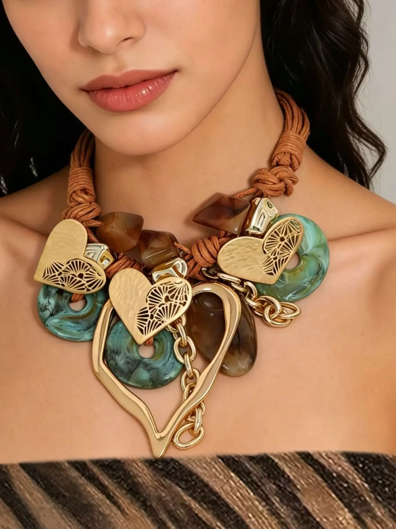 Rope Resin Peace Knot Heart Metal Pendant Necklace, Vintage Ethnic Style Women's Decorative Neckpiece, Unique Fashion Accessory