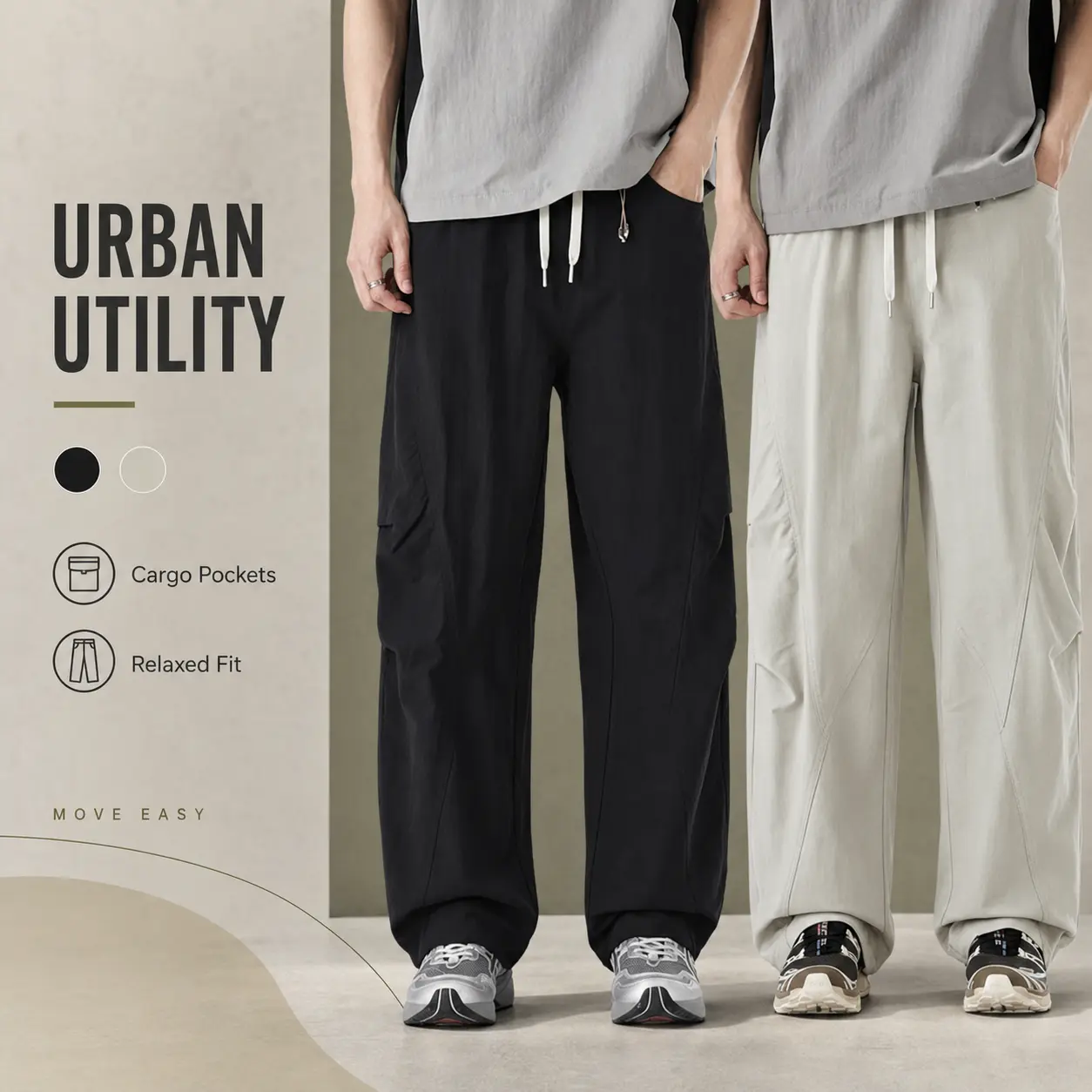 Men Lightweight Wide Leg Cargo Pants Elastic Drawstring Waist Deconstructed Stitch Loose Casual Quick Dry Outdoor Trousers
