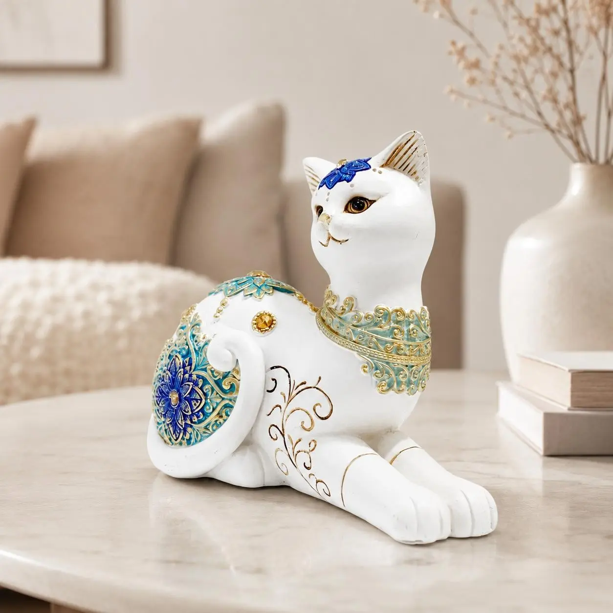 Painted Relief Blue Wealth Cat Statue, Exotic Pattern Indoor Decor, Shop Window, Study Display, Thanksgiving Gift
