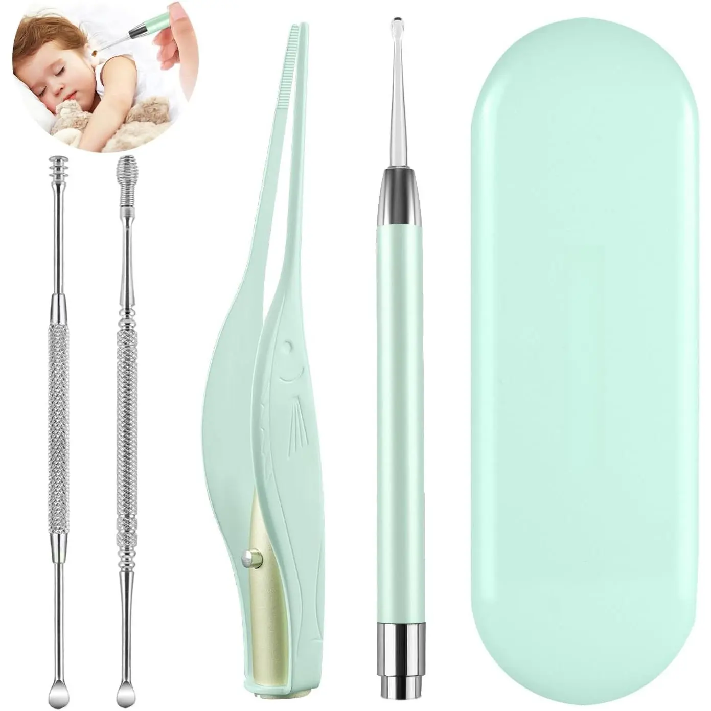 4 Pack Ear Wax Removal Tool Kit with Light, Ear Pick Ear Cleaning Tools Set for Kids and Adults, Ear Picks Digger & Tweezers & Spiral Spring Ear Spoon with Storage Box