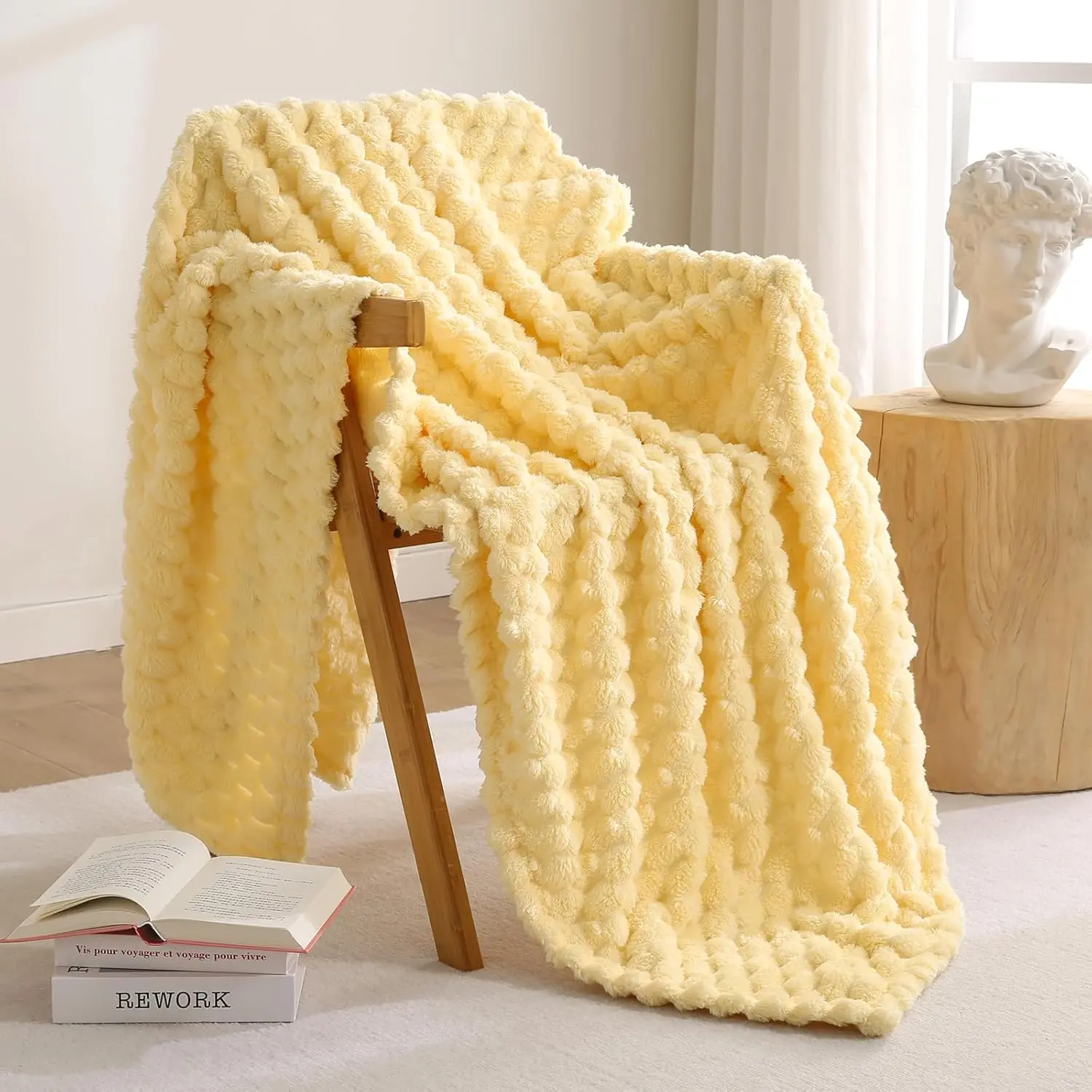 Flannel Fleece Throw Blanket(50x70 inches), Big 3D Clouds Stylish Hexagon Decorative Fuzzy for, Camping, and Travel, Soft Cozy, Light Yellow
