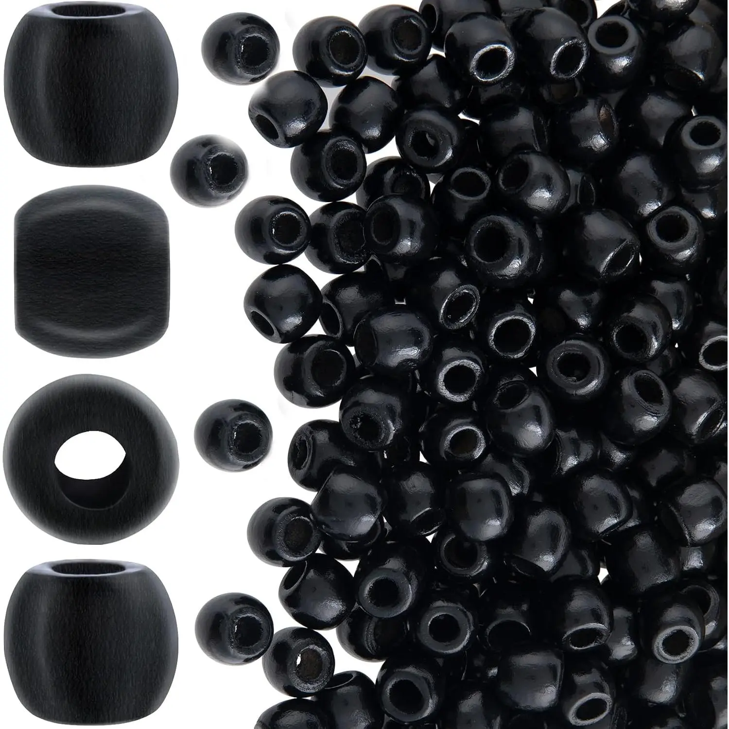 200 count Wooden Beads for Crafts, 12.7x10.7mm, Black | , , Round, Large Hole, for Macrame Necklace Bracelet Hair DIY Craft  Decor