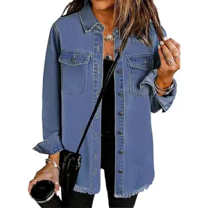 Casual Long Sleeve Button Denim Shirts Distressed Denim Jackets Shacket