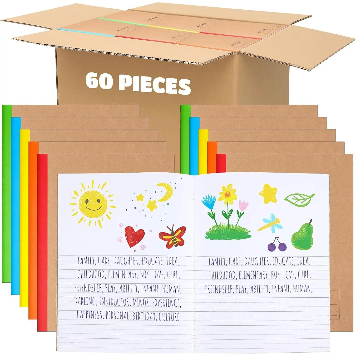 60 Pack Primary Composition Notebook K-2, Draw&write, Bright Color | Half Blank Half Ruled Pages, 9-3/4" x 7-1/2" Size, Primary Journal , Bulk Classroom Supplies,  to School Essentials