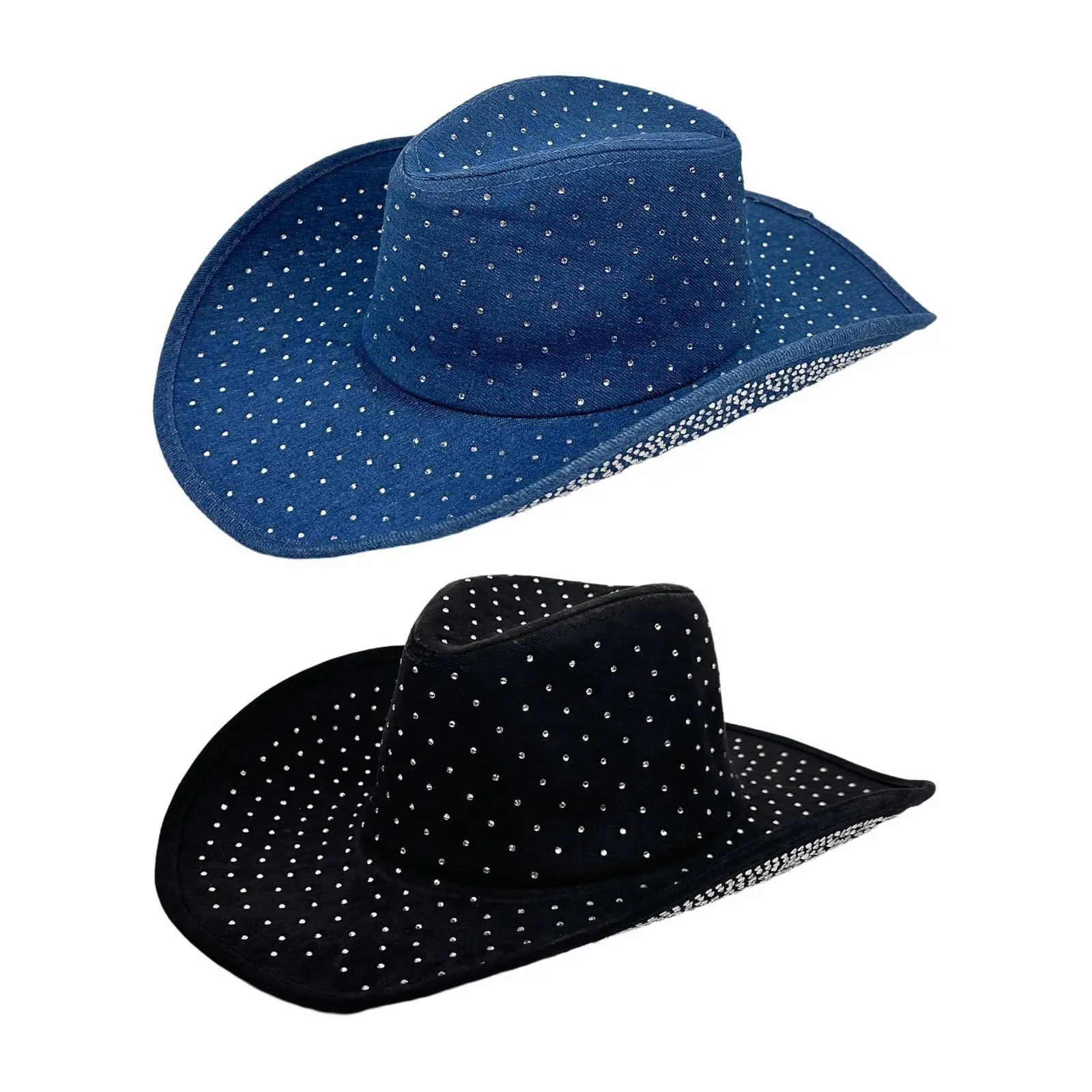 Women's Glamorous Rhinestone Curved Wide Brim Western Denim Cowboy Hat - Distinctive Features Sparkly Accessory, Everyday Wear, Rodeo Outfit, Do Not Wash, Female, Full Rhinestone Decoration