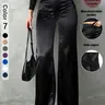 Women's Satin Straight Leg Pants, Irregular V Waistline, Casual Fitted Long Pants, Perfect for Daily Wear, Office, Dates, Holidays, Casual Fashion Bottoms