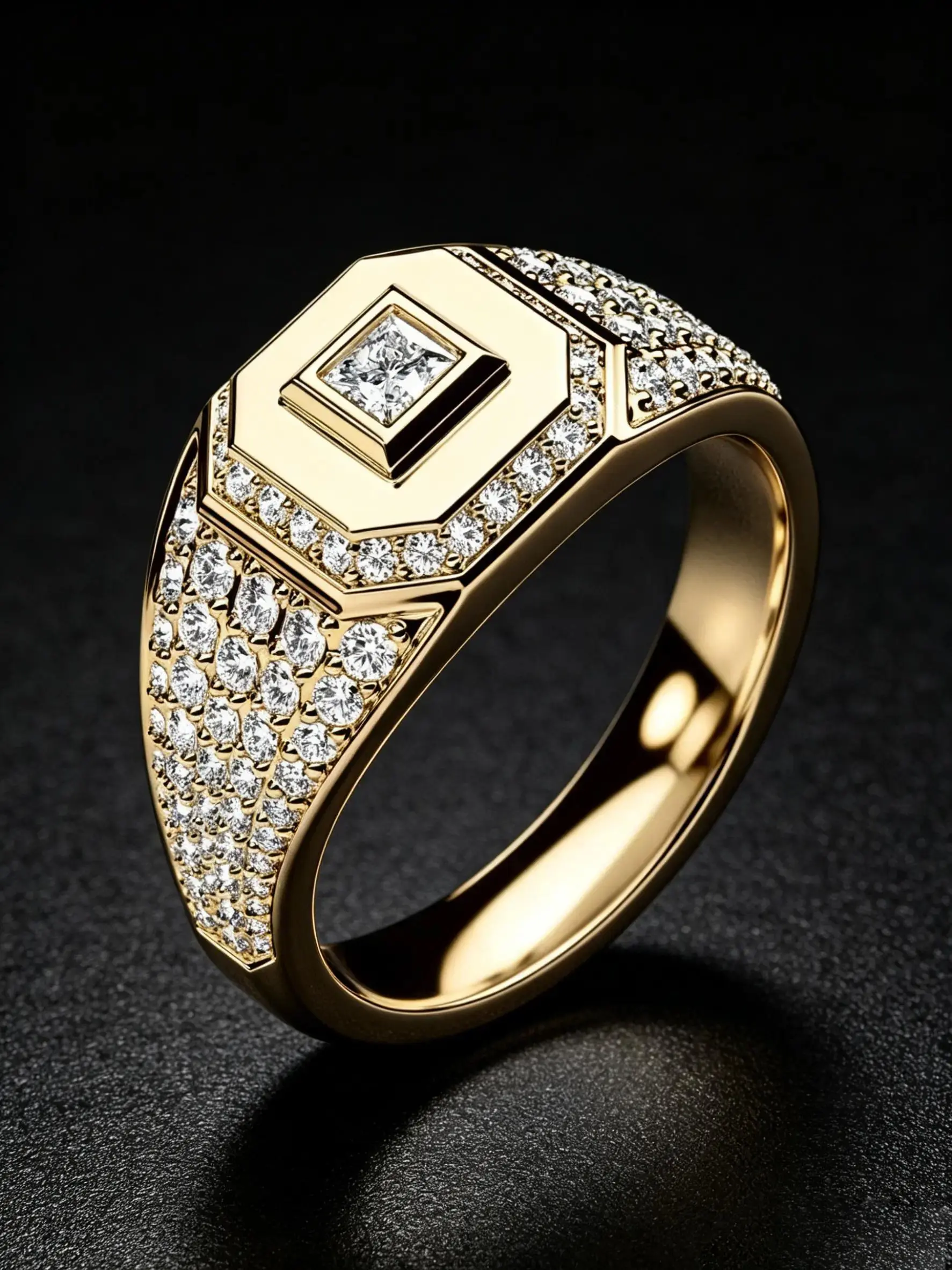 Square Frame Men Wide Signet Ring 18K Gold Tone Plated Princess Cut Cubic Zirconia Double Layer Halo Full Paved Side Stones Geometric Thick Statement Band Hypoallergenic Anti Tarnish Wedding Cocktail Jewelry Birthday Anniversary Gift For Him CZ Ring