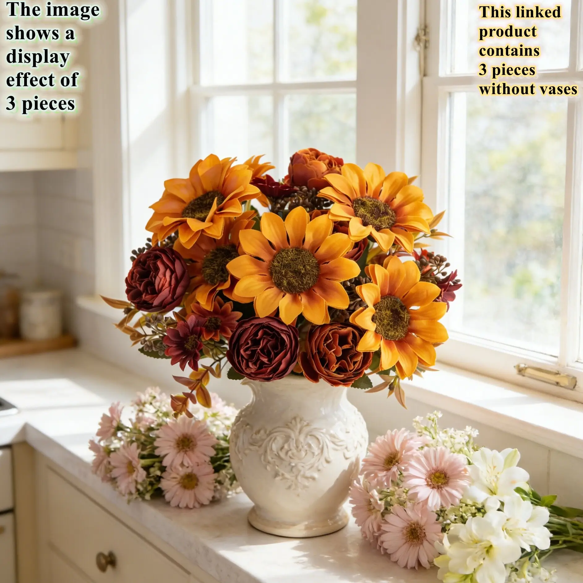3pcs artificial flower Orange coffee sunflower, Artificial flower arrangements, UV resistant, suitable for party, home decoration, wedding, garden, office, indoor and outdoor use, suitable for decoration in all seasons