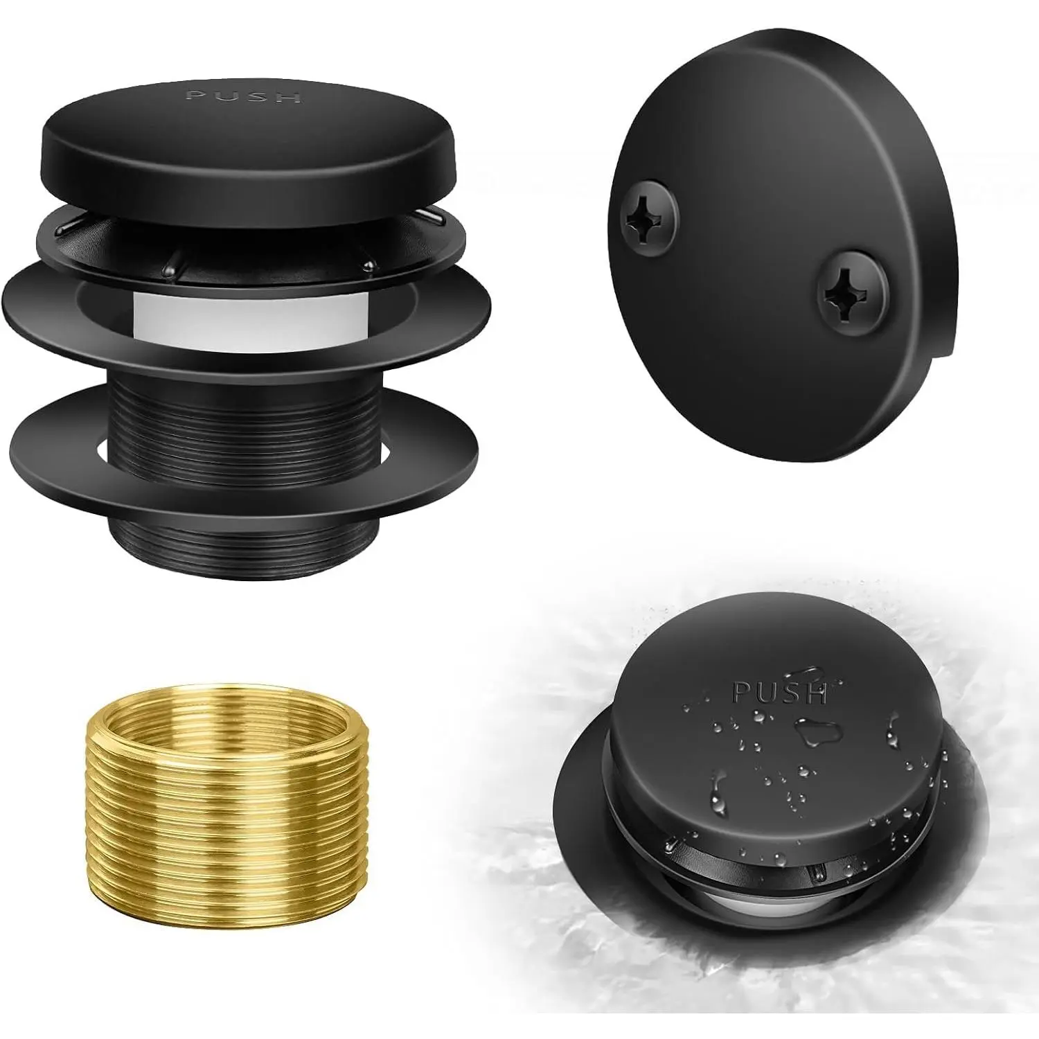 Tip- Bathtub Drain Kit with Two-Hole Overflow Plate,  Bath Tub Drain  fits for  Bathtub,  Fine/Coarse Thread Bathtub Stopper (Matte Black)