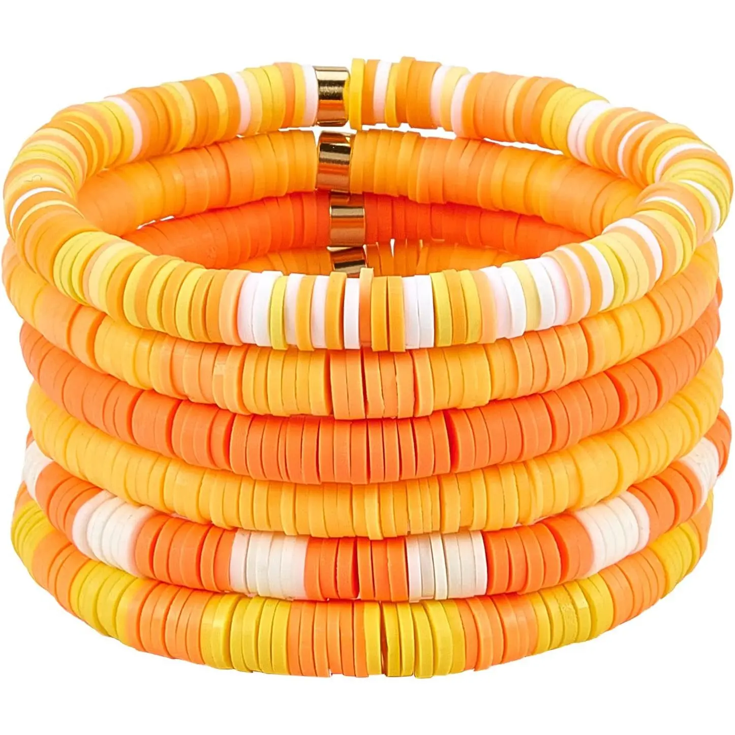 6 count/Set Heishi Surfer Bracelets Set 6mm Polymer Clay Heishi Beads Stretch Bracelets Bohemia Summer Beach  for Women (Dark Orange)