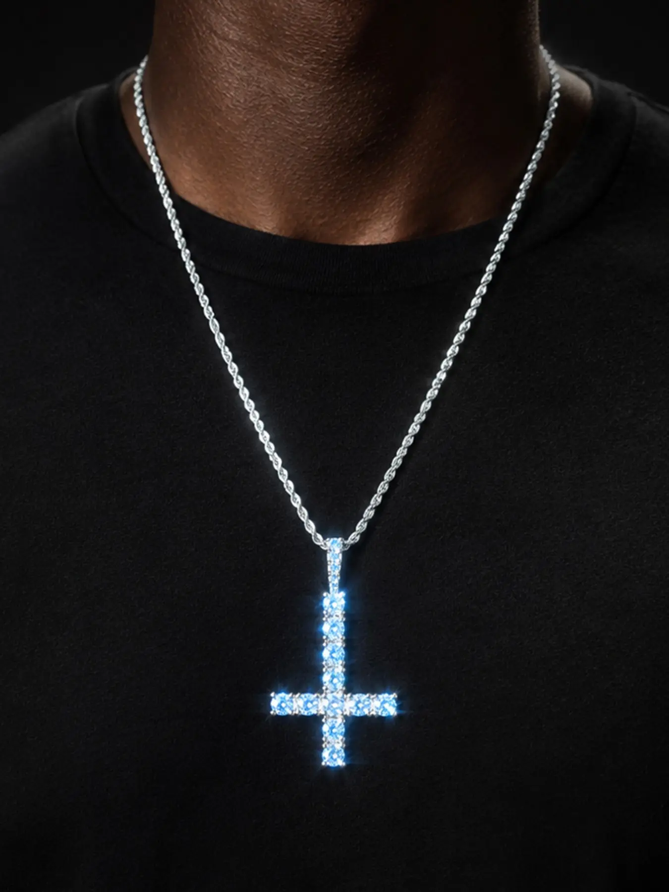 Iced Out Upside Down Blue Stone Cross Necklace Pendant for Men 5A Cubic Zirconia Silver Plated Hip Hop Jewelry
