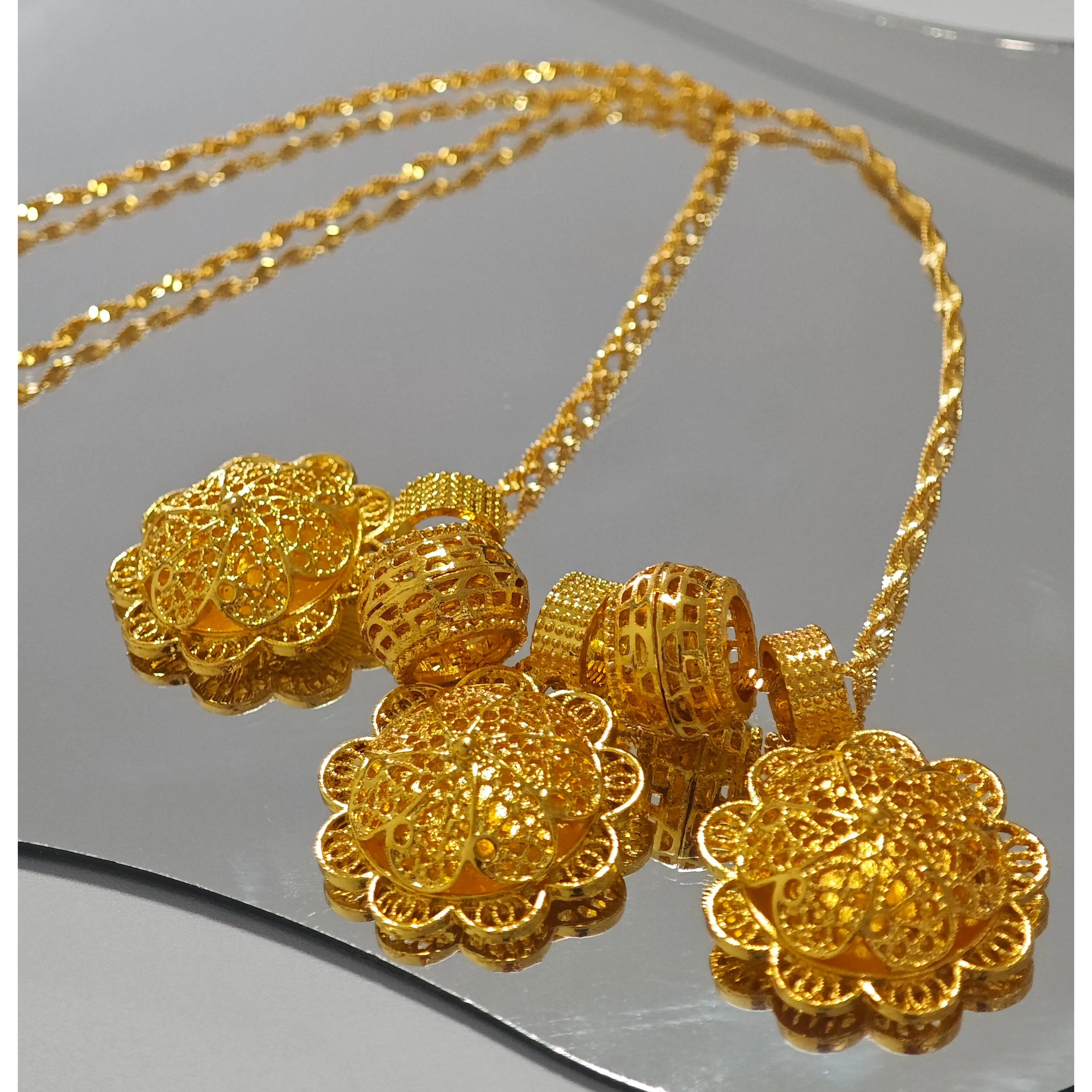 Women's 4-Piece 24K Gold Plated Filigree Costume Jewelry Set - Statement Necklace, Earrings, Adjustable Ring, Bangle - Luxury Versatile Occasion Wear