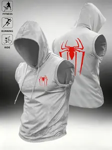 Summer Men's Spider Pattern Hooded Vest, Fashionable Casual Sports Top, Ideal for Fitness and Daily Wear, Stylish and Versatile