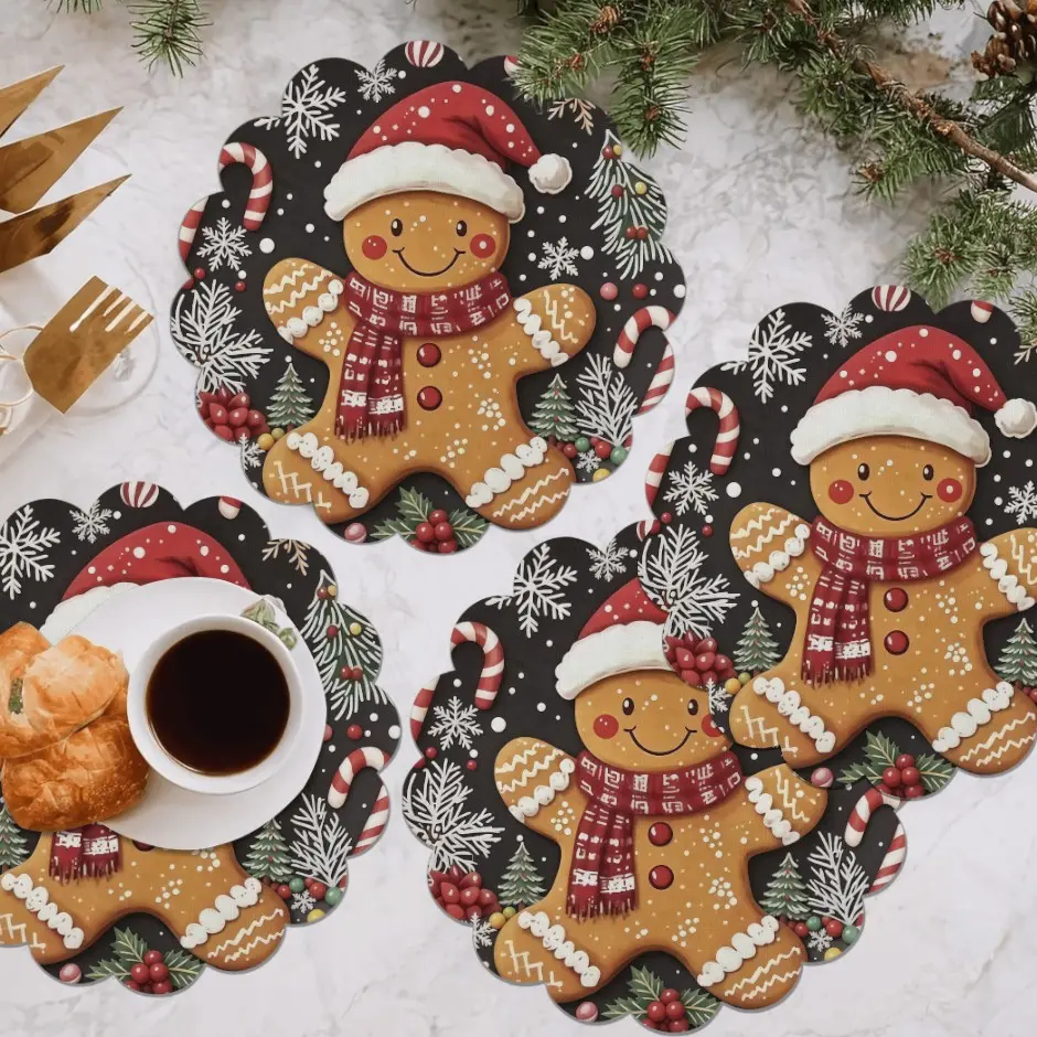 4pcs Gingerbread Man Christmas Round Wavy Edge Placemats, Holiday Table Decor, Festive Home Decoration Gift, Perfect for Christmas Dinner Parties