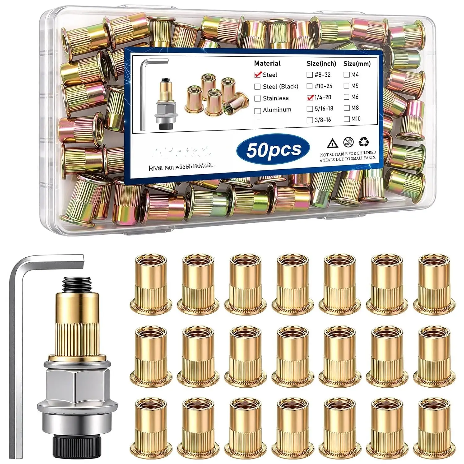 50 count 1/4-20 Rivet Nuts with Hand Rivet Nut Tool, Carbon Steel Flat  Threaded Insert Nut Kit for Furniture, Automotive, Marine and Decoration