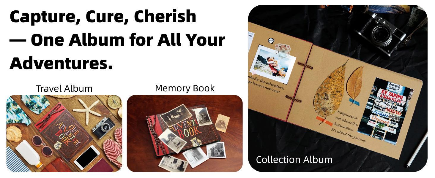 Scrapbook Photo Album,Our Adventure Book, Embossed Words Hard Cover Movie Up Travel Scrapbook for Anniversary, Wedding, Travelling, Baby Shower, etc (Adventure Book)