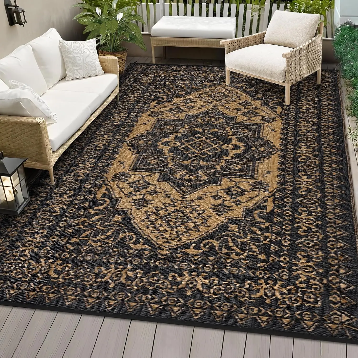 Outdoor Plastic Straw Rug Waterproof Reversible Plastic Straw Mat, Large Patio Rugs Vintage Medallion Area Rug for Deck, Balcony, Camping, Beach, Picnic, Indoor/Outdoor Use