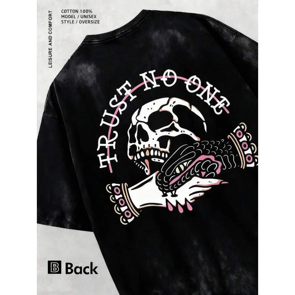 Men's Vintage Washed T-Shirt with "Don't Trust Anyone" Skull Graphic, Stylish Loose Fit Streetwear Shortsleeve Top for Summer, Personalized, Basic, Customized, Classic