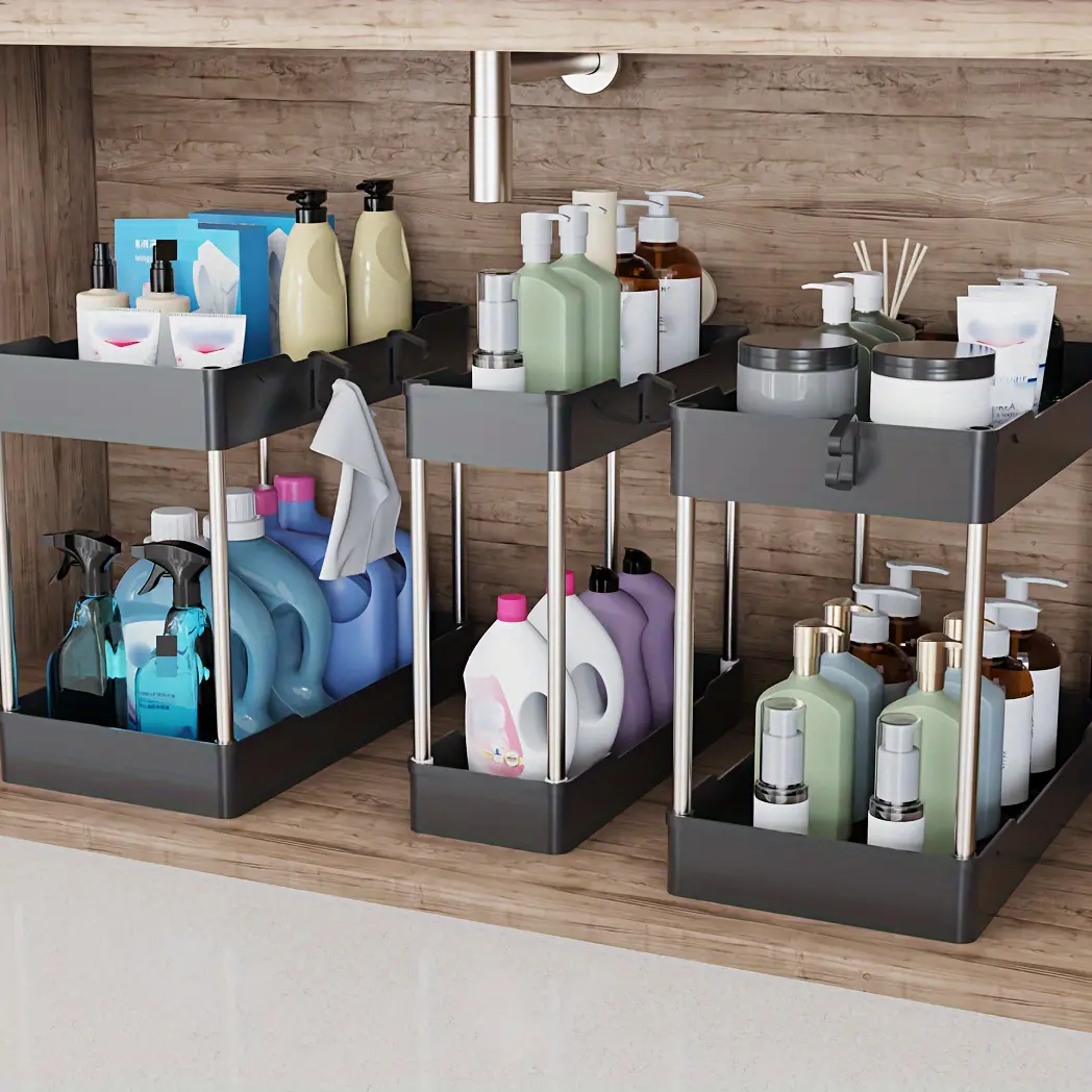 1pc Under Sink Storage Box, Under Sink Pull Down Storage Box, Under Sink 2 Tier Storage Box, Under Bathroom Kitchen Cabinet Shelf Storage Box for Cleaning Supplies, Practical Rack