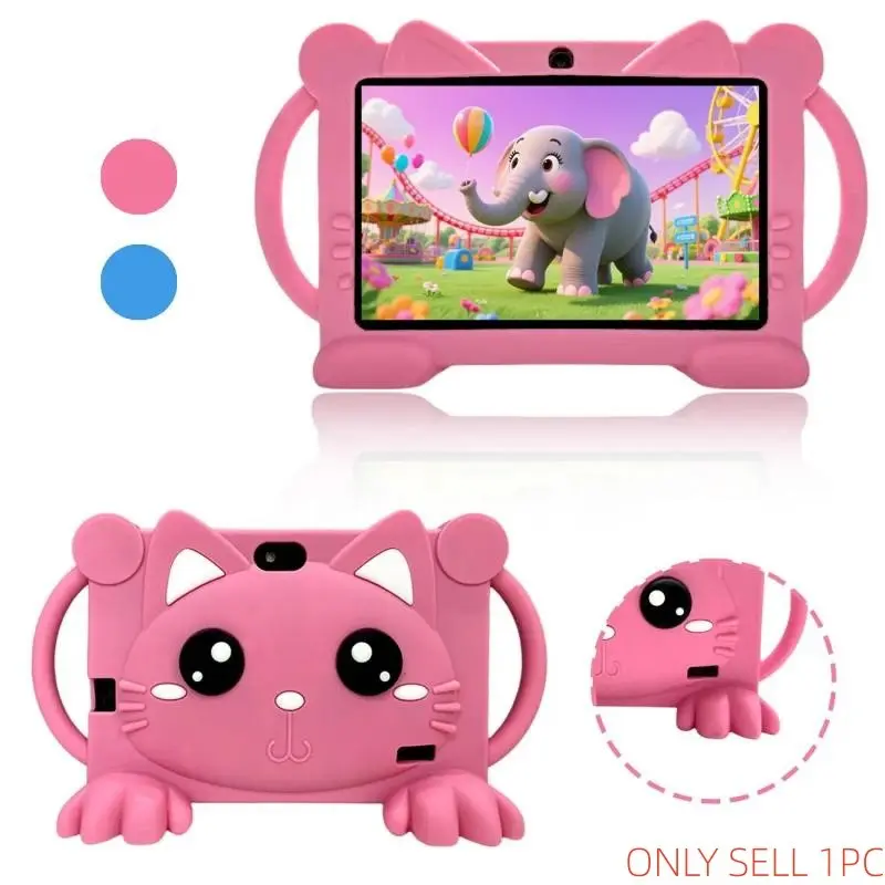 New 7-inch children's Cute Cat Design tablet with Android 13 1GB RAM and 16GB ROM, supporting WIFI function, shockproof silicone protective case, parents can control pre installed educational learning software, dual cameras