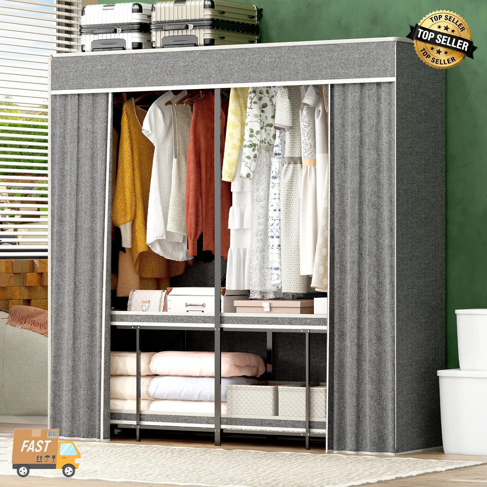 66" Foldable Closet Wardrobe w/ Cover, Heavy Duty Closet Organizer Free Standing