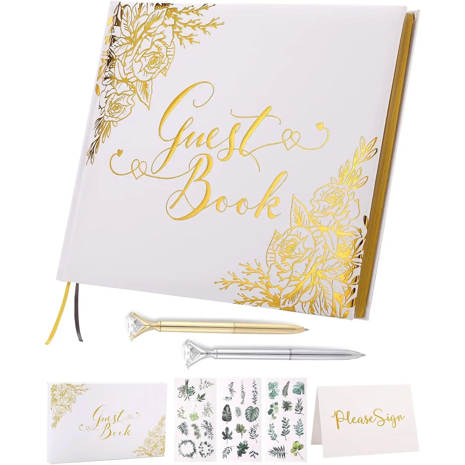 9x7 Inch Wedding Guest Book Set with Pens, Personalized Sign In Album, Gold Foil item Hardcover, Gilded Edges, fits Weddings, Baby Showers