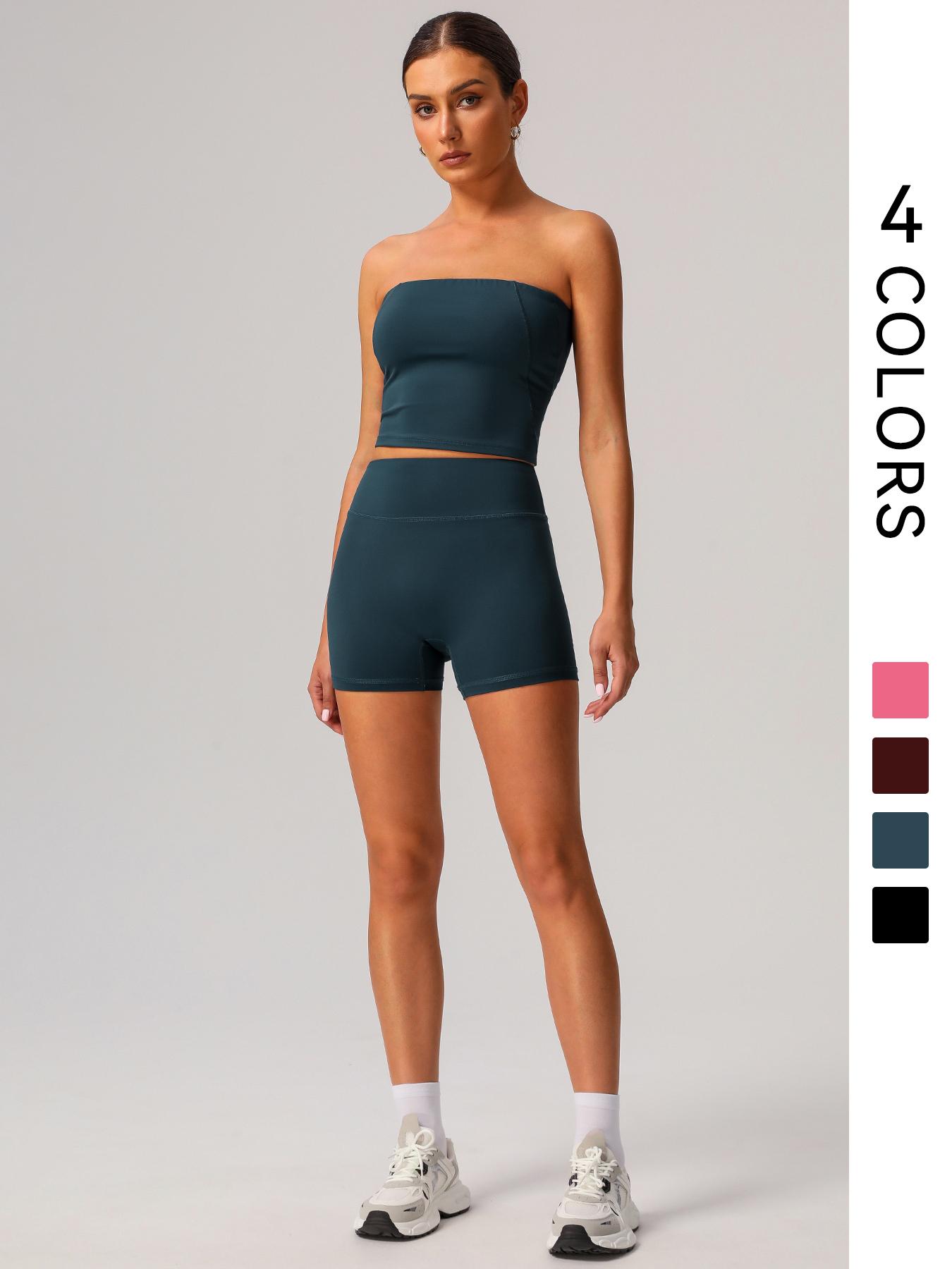 Women's Solid Crop Tube Top & High Waist Shorts Sports Set, Casual Comfy Breathable Two-piece Fitness Outfits for Yoga Gym Workout Running, Ladies Sportswear for Spring & Fall, Sporty Set