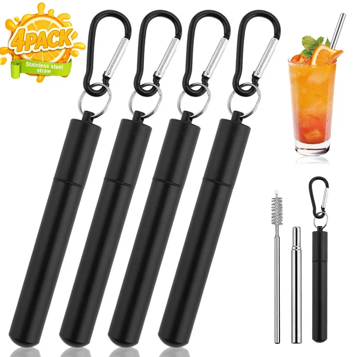 4 Pack Collapsible Telescopic Stainless Steel Drinking Straws, Aluminum Case, Cleaning Brush, Keychains, Carabiners, Convenient Travel Essentials, Cruise Ship Essentials