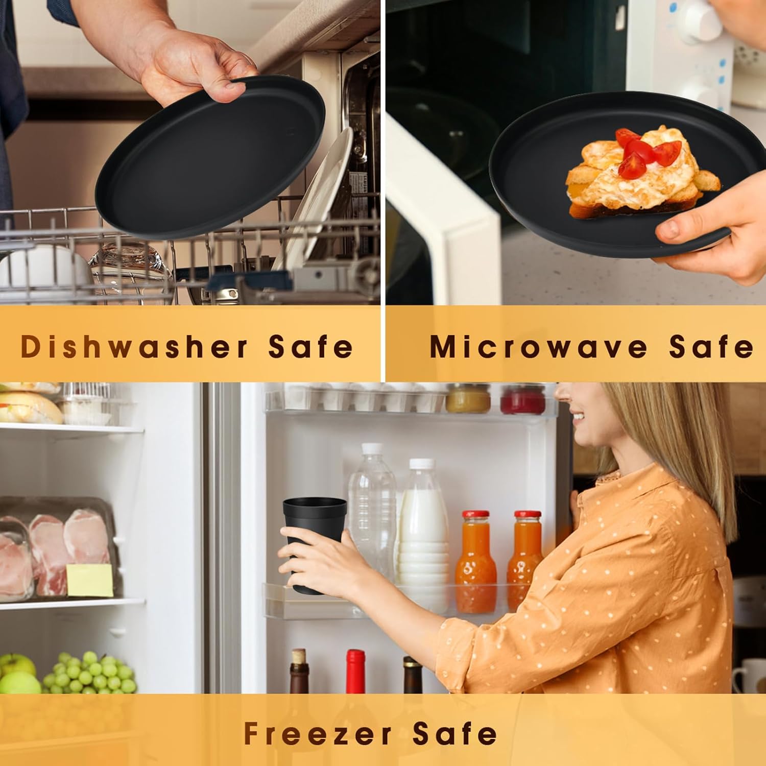 Plastic Dinnerware Sets - 40- Plates and Bowls Sets with Cups, , Forks and Spoons, Dishes Set for 8,  Unbreakable Kitchen Dishware for Apartment, Camping, Outdoor, Black