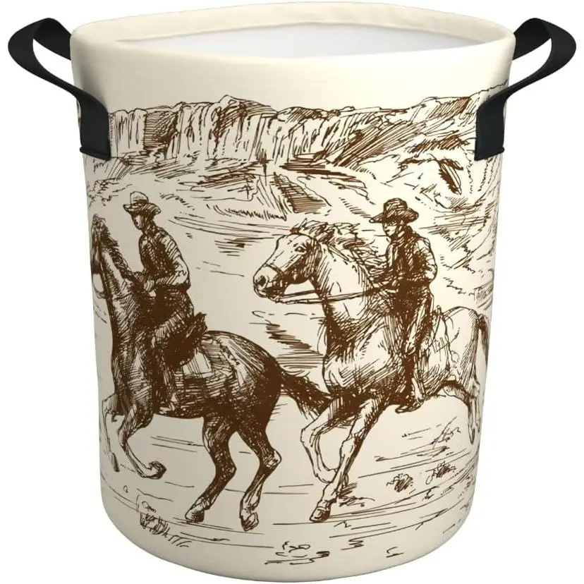 Western Cowboy Fabric Laundry Basket with Flat Base - 17.7x13.7" Cowboy Theme Room Decor for Boys, Boys' Room & Baby Nursery Hamper