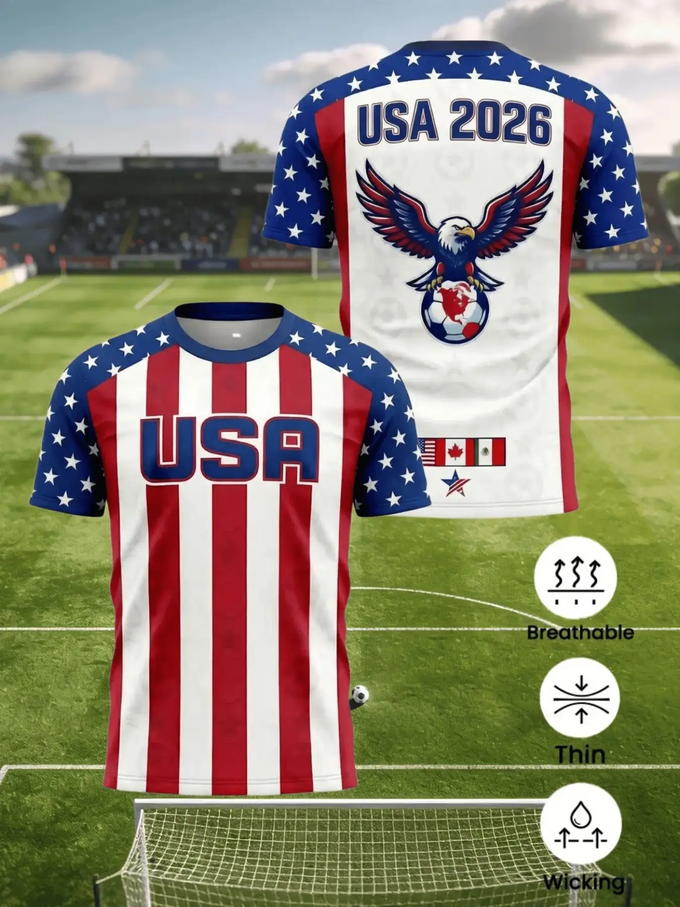 Summer Men's Short Sleeve T-Shirt, 100% Polyester, Stripes, Star, Eagle Football Design, Breathable, Quick-Dry, Sporty Style