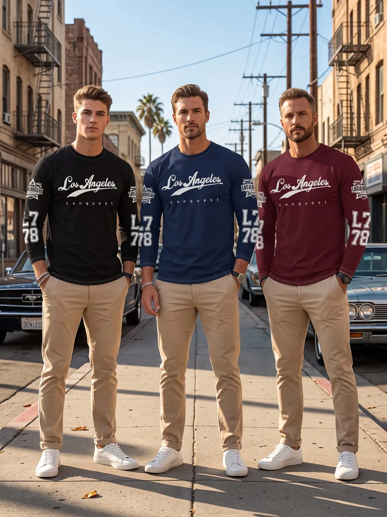 3pcs Men's Long Sleeve T-Shirts, Vintage Handwritten Numbers All over Print, Casual Streetwear, Slim-Fit, All Seasons