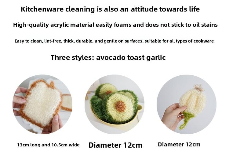 [3-Pack] Korean-style simulated avocado dishcloth, simulated toast bread dishcloth, simulated garlic head non-greasy cleaning cloth, easy to clean and lint-free household items