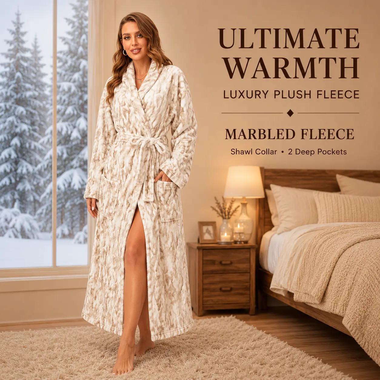 Fluffy Faux Fur Bathrobe for Women Cozy Warm Shawl Collar Loungewear Robe with Pockets White Fleece Housecoat for Home Spa