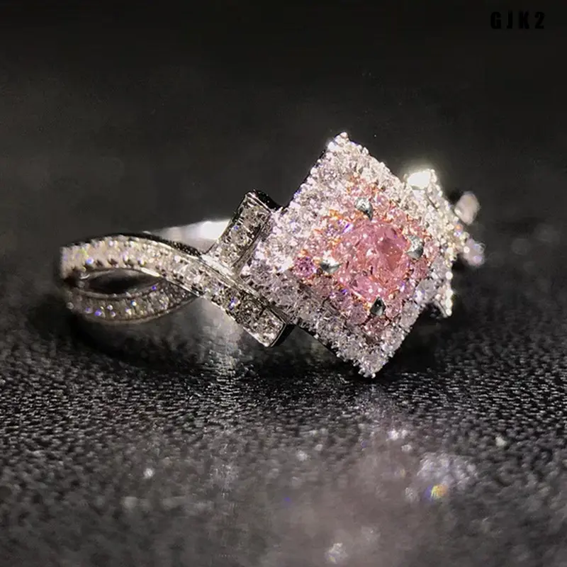 Women's Pink Cubic Zirconia Square Center Engagement Ring - Twisted Split Shank, Pave Accents, Luxury Simulated Diamond Promise Ring Jewelry Gift