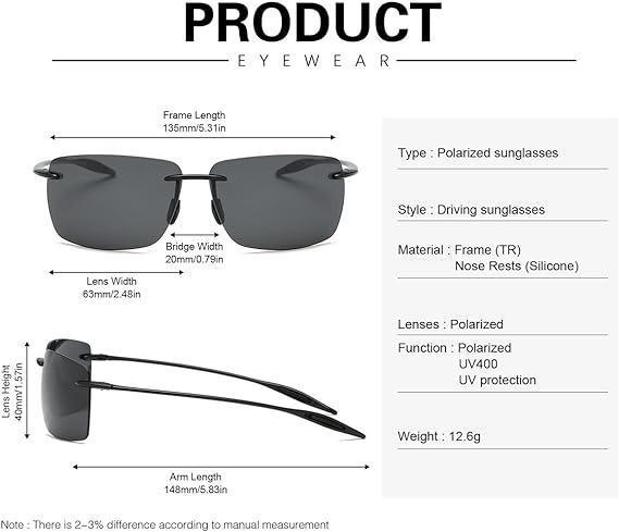 Unisex Lightweight Polarized Sports Sunglasses, TR90 Rimless Frame UV Protection Shades for Running, Fishing, Baseball, Cycling, Driving & All Outdoor Activities