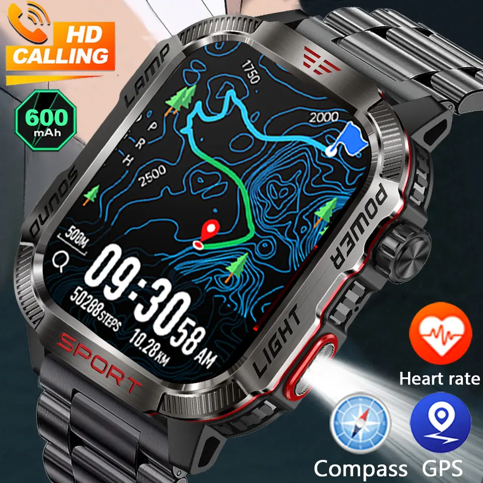 New Military Outdoor Smartwatch Men GPS Compass 600mAh BT Call 2.01" Screen Sports LED Flashlight 5ATM Waterproof Smart Watch Smartwatch Smart Watch