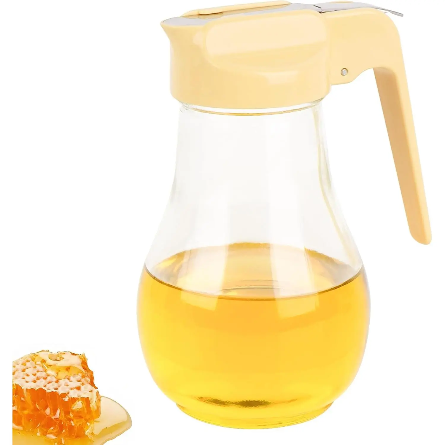 13.5oz Thick Glass Syrup Dispenser, Modern Yellow Honey Pot Container with Sturdy Lid, No-drip Stainless Steel Spout, Retractable Thumb Lever Handle for Kitchen Utensils Oil Pouring