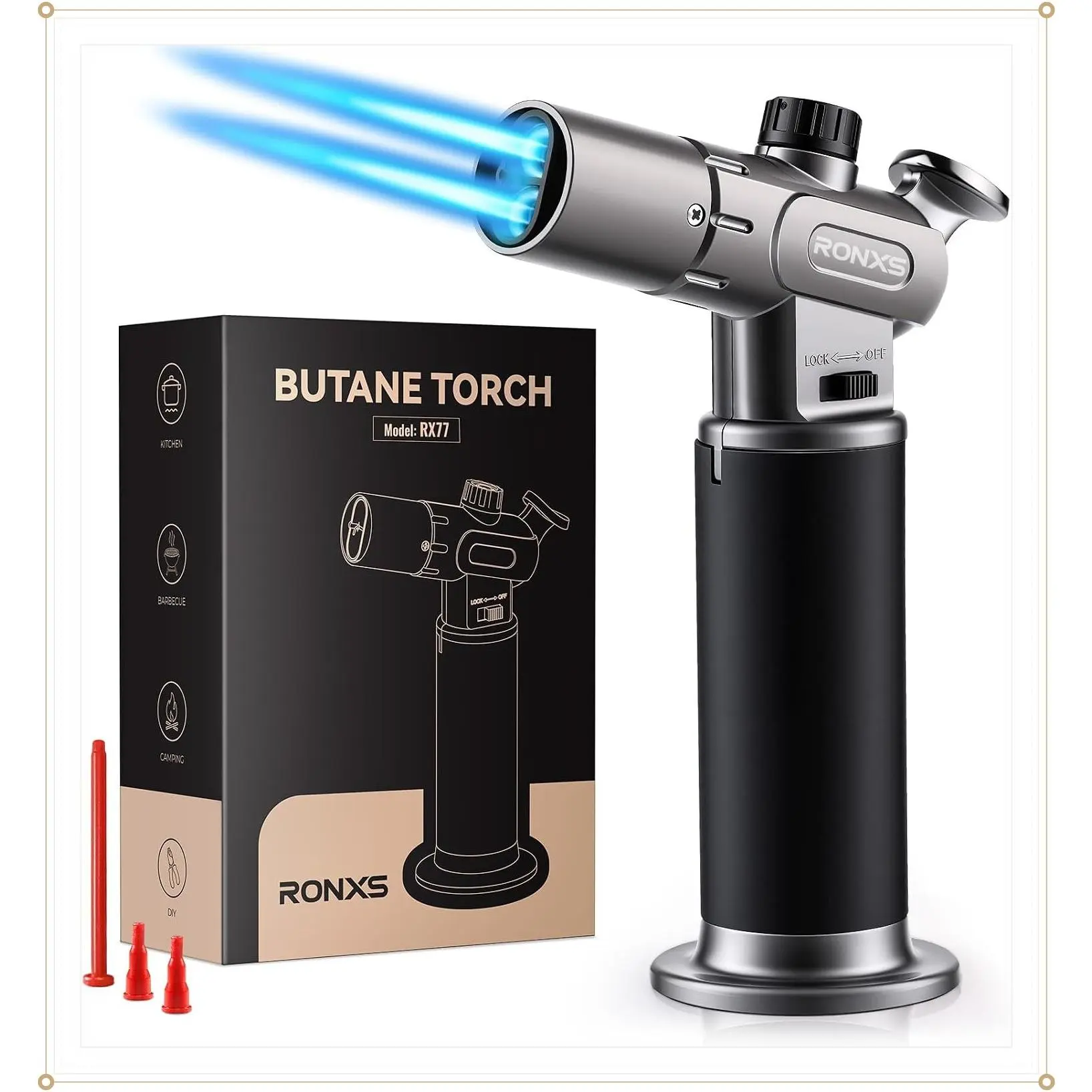 Butane Torch, Refillable Kitchen Cooking Lighter, Adjustable Flame | Single/Dual Flame with Safety Lock, Mini Blow for Creme Brulee Baking Welding BBQ Crafts DIY Soldering, Butane Not IncludedGift