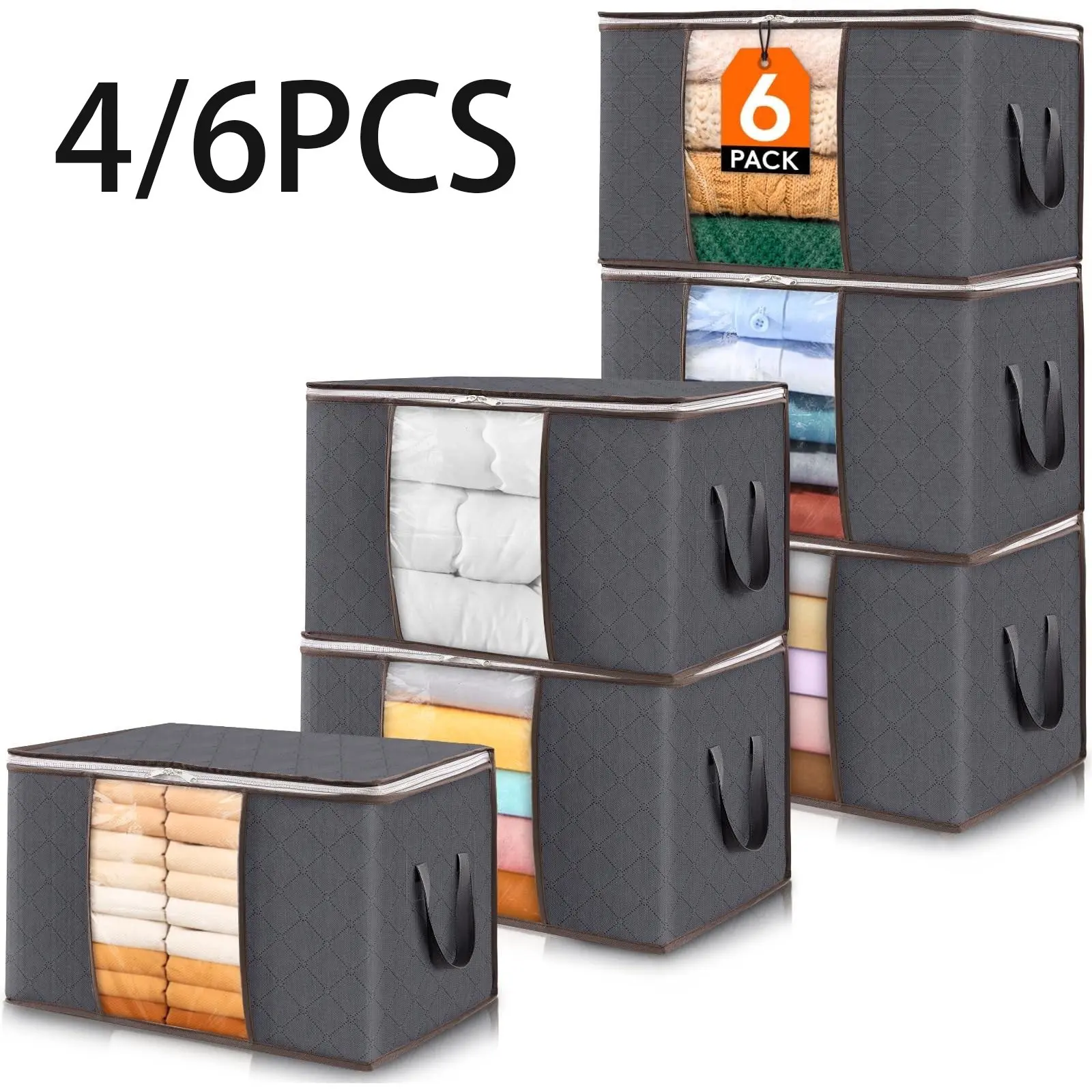 4/6 Piece Set 60L Storage Bag, Foldable Closet Organizer with Reinforced Handle, Non-Toxic Fabric Bag for Home Dorm Storage and Organization, Wardrobe Storage Bags