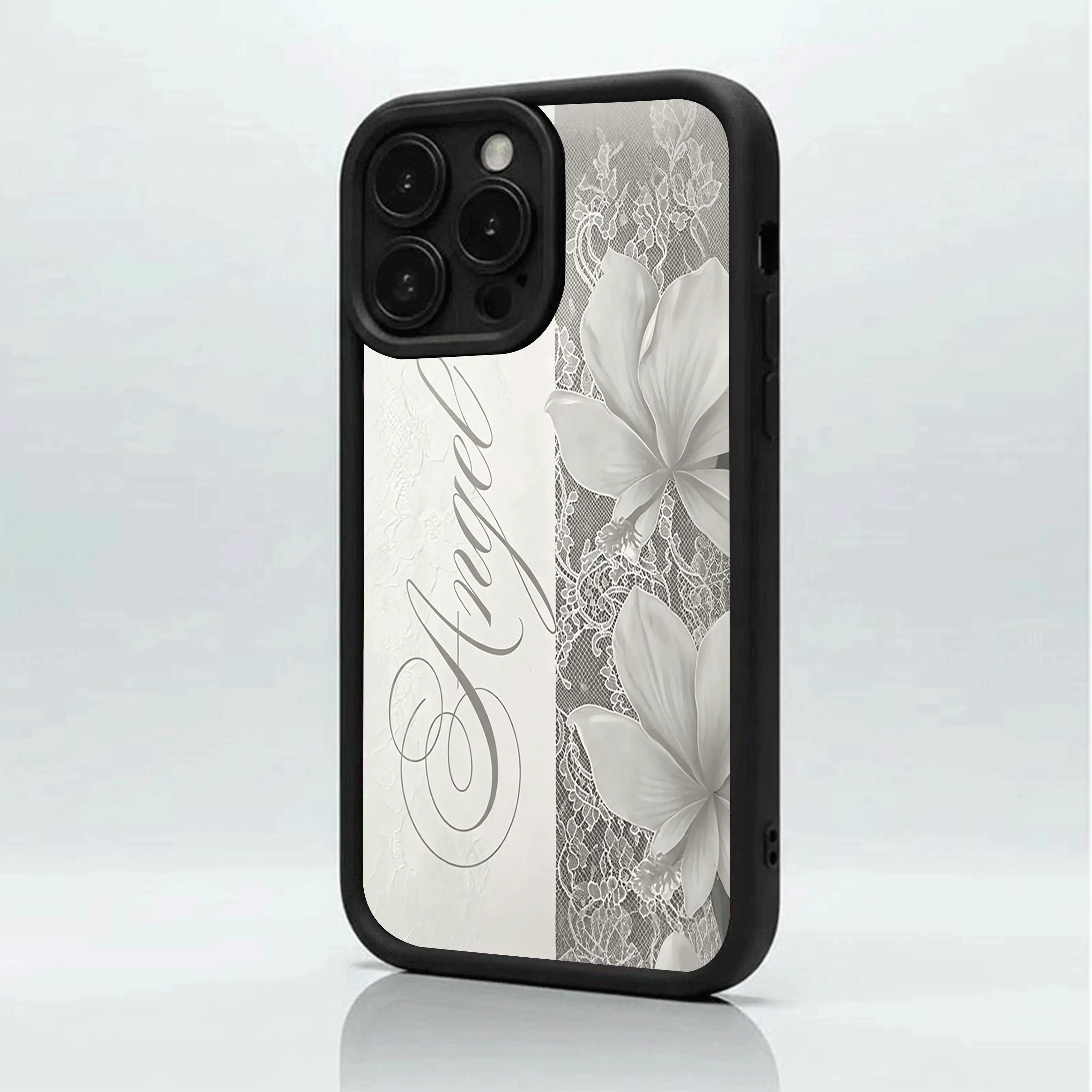 Grey and White Lace Floral "Angel" Letter, Matte Non-Slip TPU + Silicone Shockproof Phone Case | Unisex Classic Material | Multi-Model Compatible for iPhone 17-11 Pro Max/Plus/Air & Samsung Galaxy S26-S21 Ultra/Plus/FE